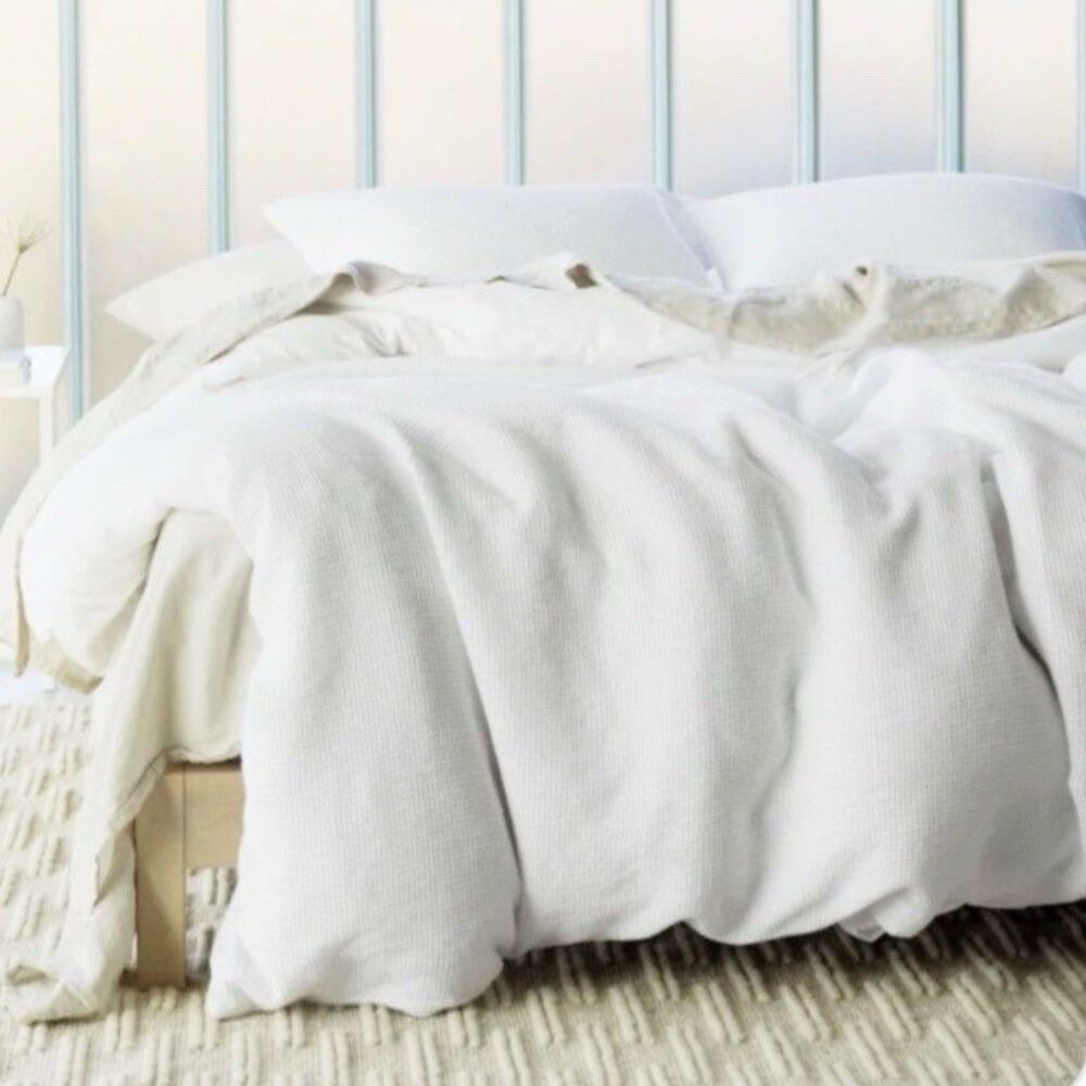 Parachute Queen Duvet Cover White Linen & Cotton Textured Waffle Weave Buttons